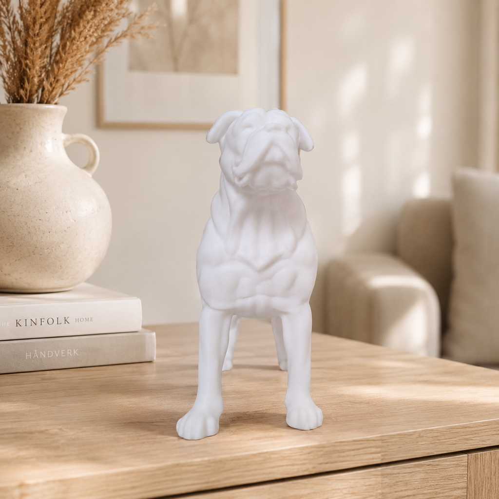 Hvid amerikansk bulldog figur forfra i nordisk interiør