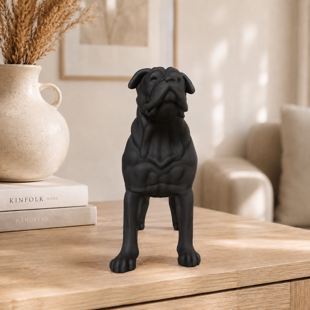 Mat sort amerikansk bulldog figur forfra i nordisk interiør