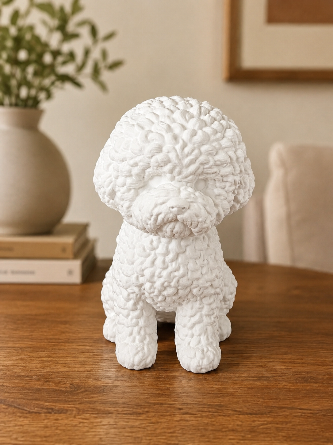Bichon Frisé hundefigur i hvid, set forfra
