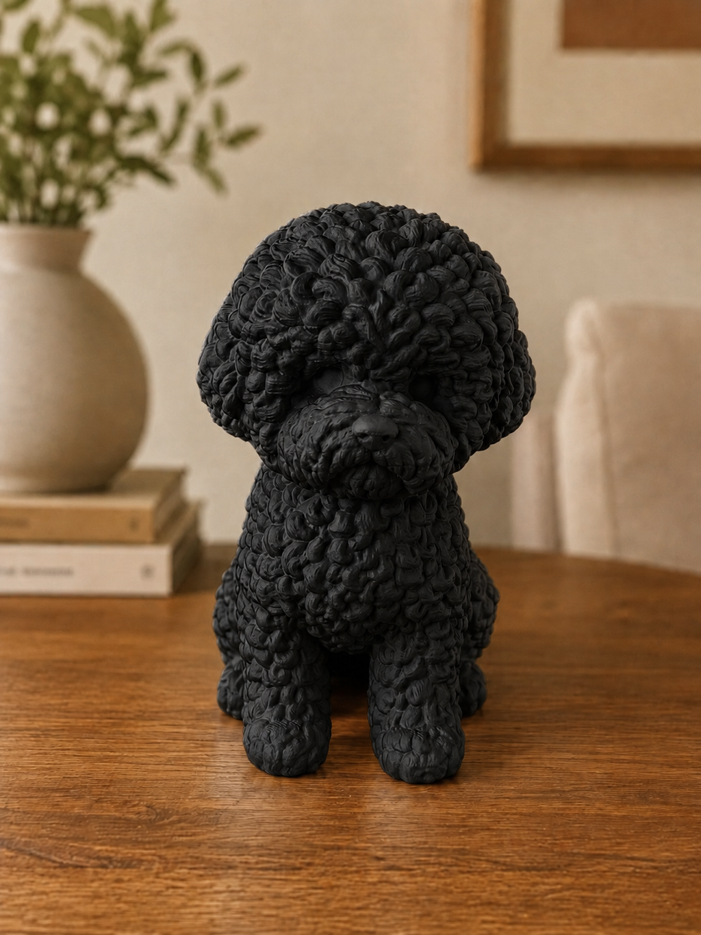 Bichon Frisé hundefigur i mat sort, set forfra
