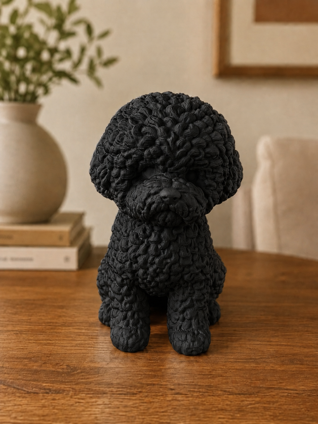 Bichon Frisé hundefigur i mat sort, set forfra