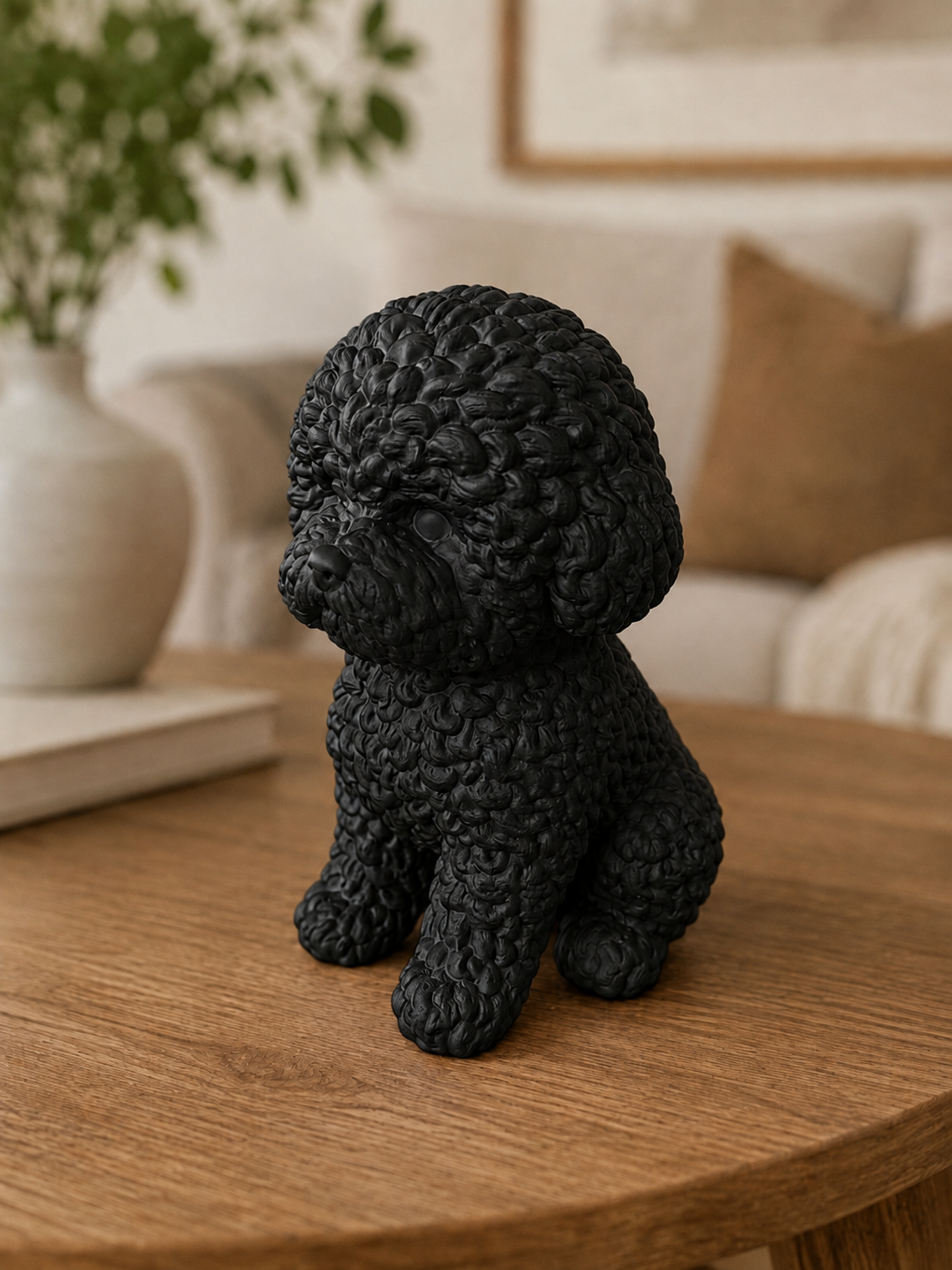 Bichon Frisé hundefigur i mat sort, set fra siden