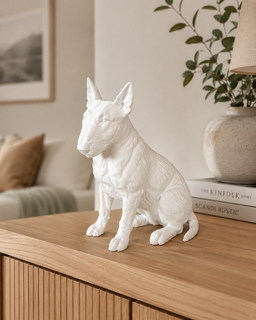 Engelsk bullterrier figur i mat hvid – front