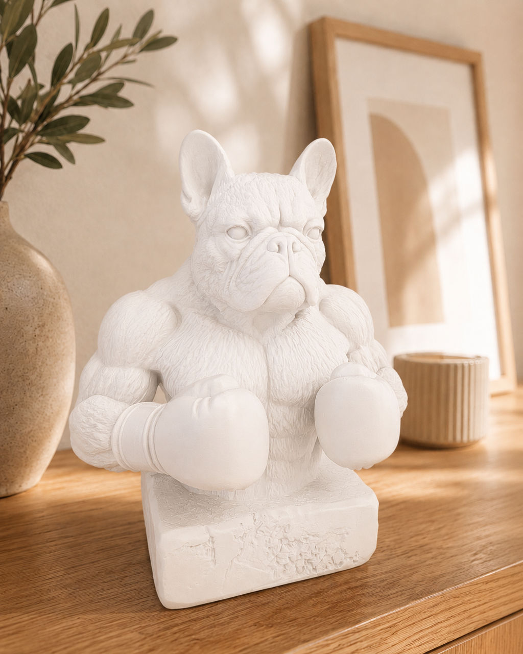 Fransk bulldog bokserfigur i mat hvid set forfra