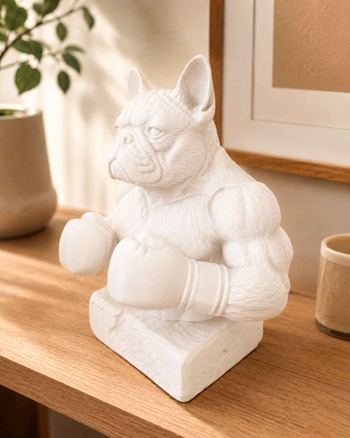 Fransk bulldog bokserfigur i mat hvid set fra siden