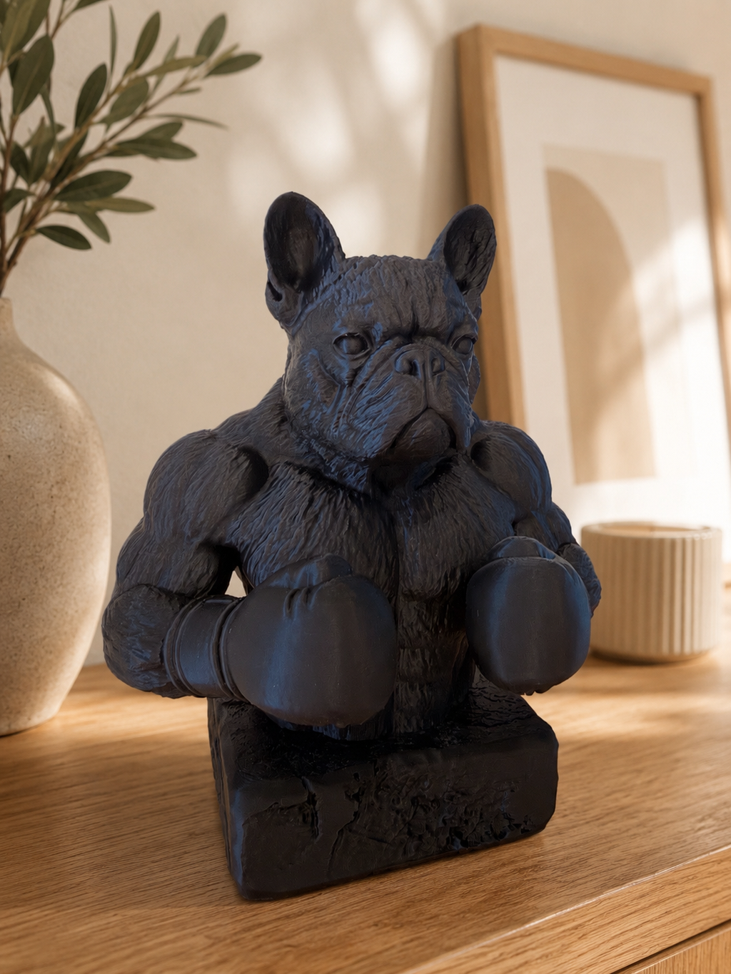 Fransk bulldog bokserfigur i mat sort set forfra
