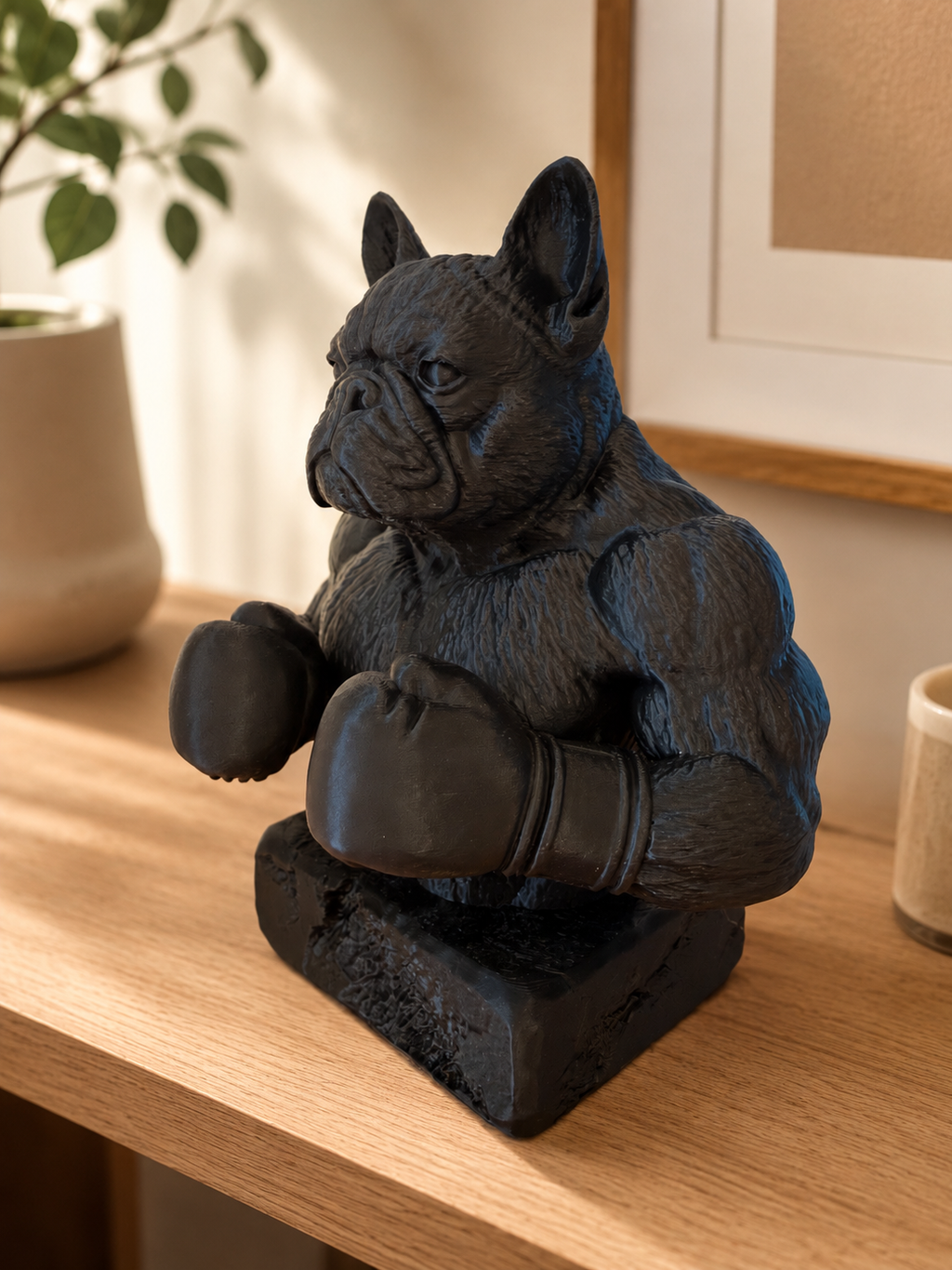 Fransk bulldog bokserfigur i mat sort set fra siden