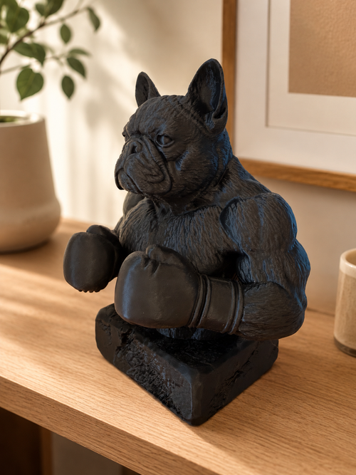 Fransk bulldog bokserfigur i mat sort set fra siden