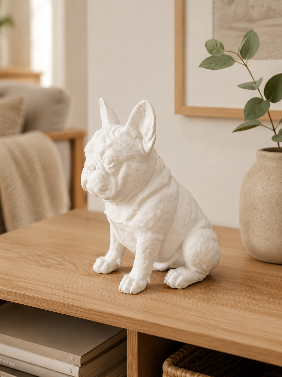 Fransk bulldog hundefigur i mat hvid – side, 10 cm