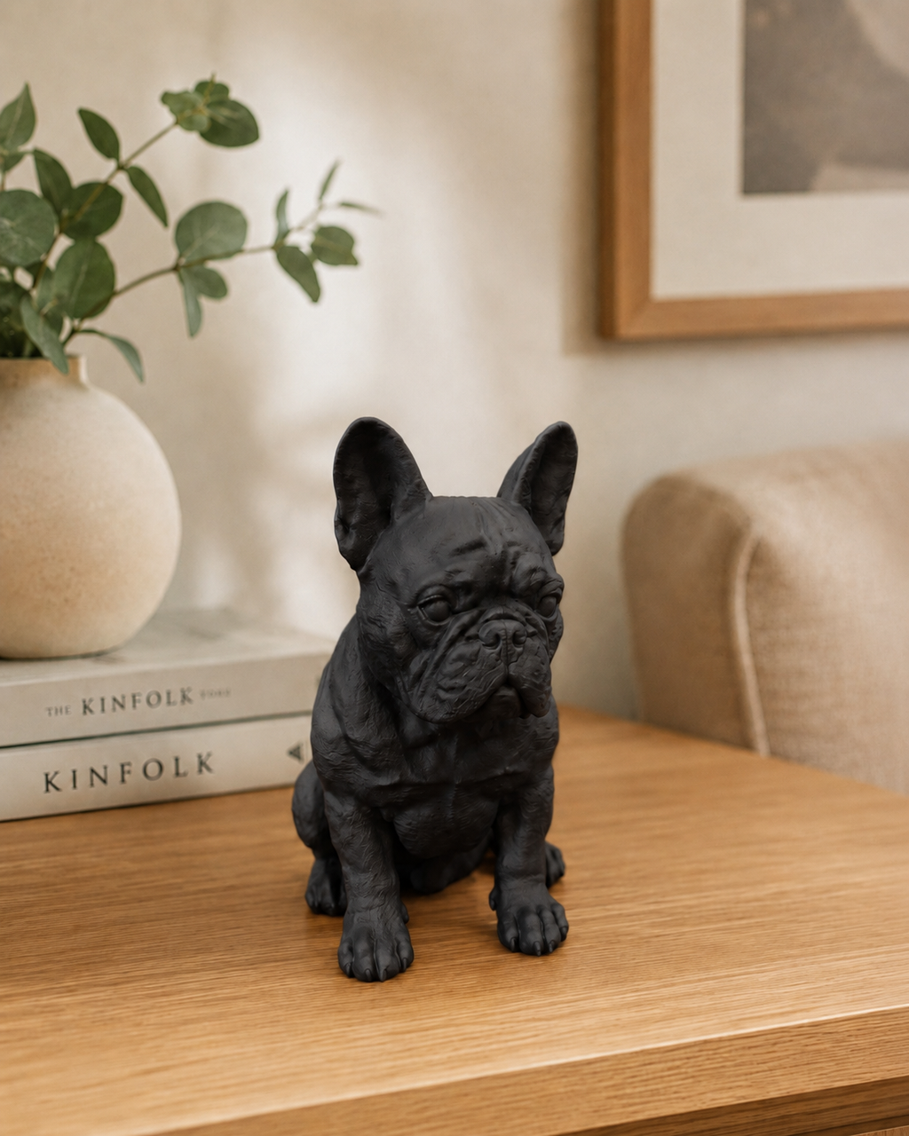 Fransk bulldog hundefigur i mat sort – front, 10 cm