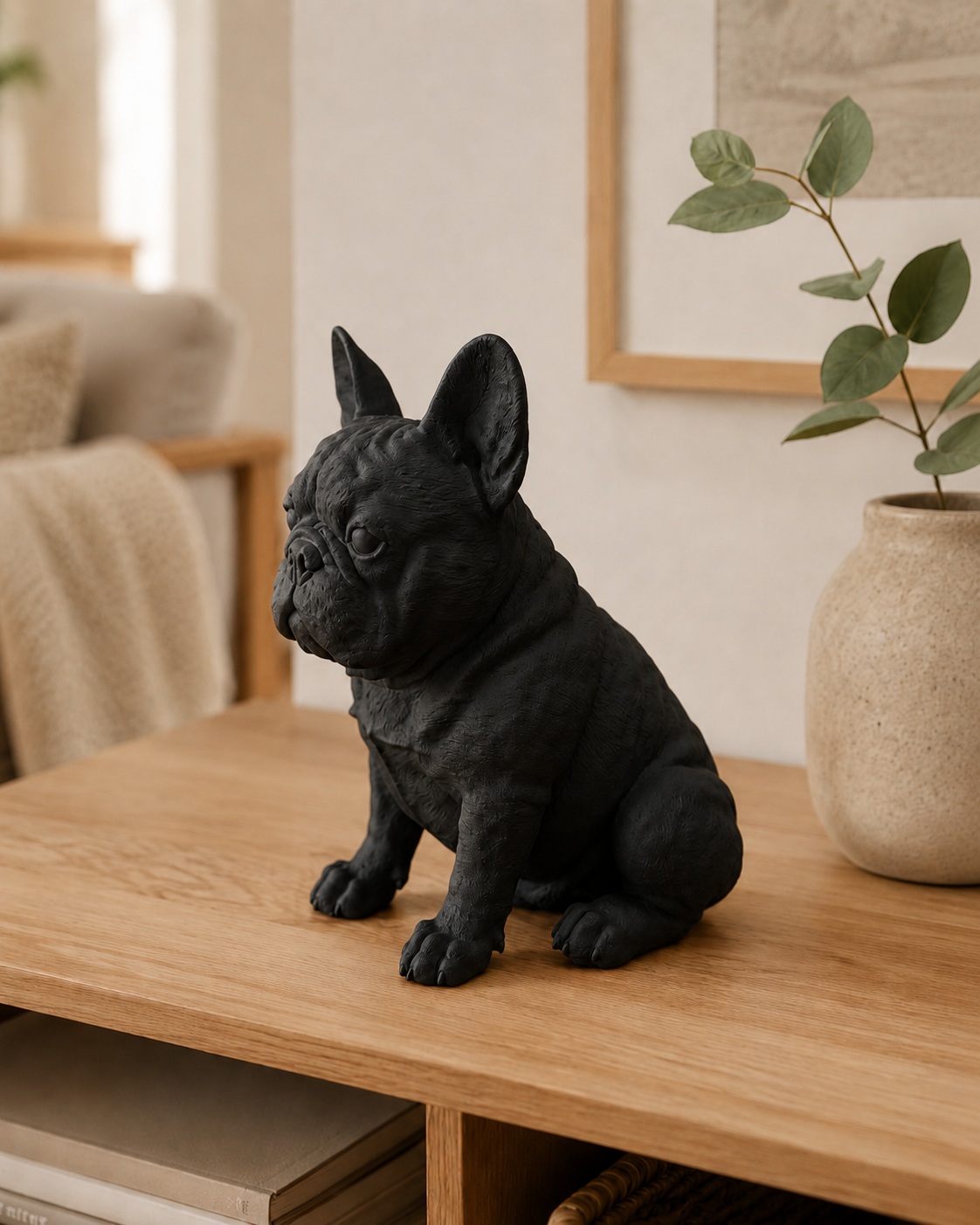 Fransk bulldog hundefigur i mat sort – side, 10 cm
