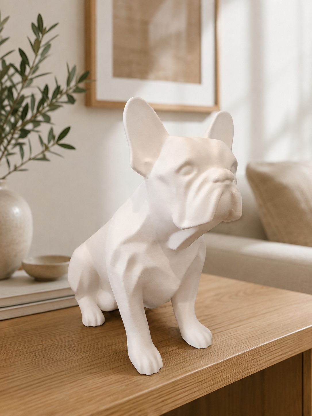 Frenchie hundefigur i hvid set forfra