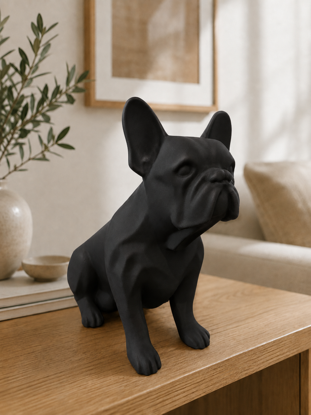 Frenchie hundefigur i mat sort set forfra
