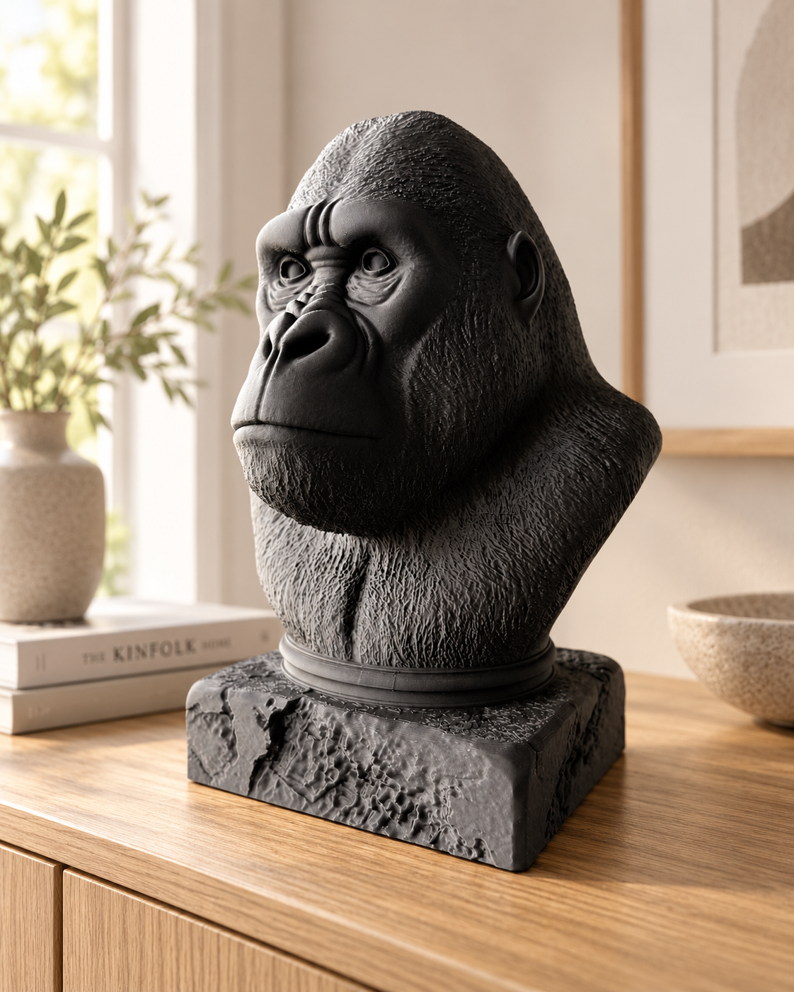 Gorilla buste i mat sort i nordisk interiør