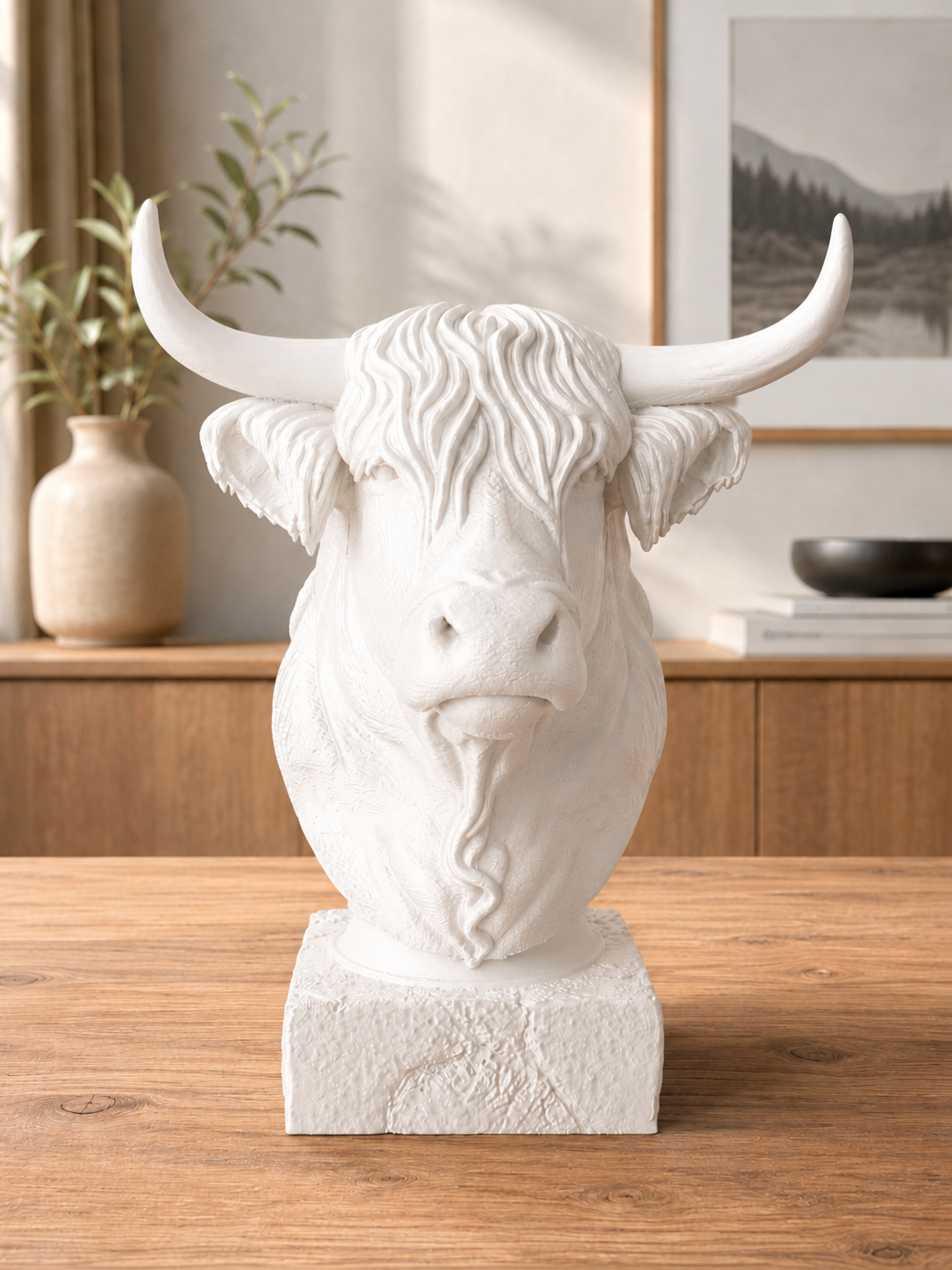 Highland cow buste i mat hvid set forfra
