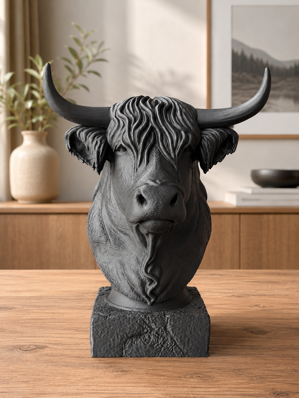 Highland cow buste i mat sort set forfra