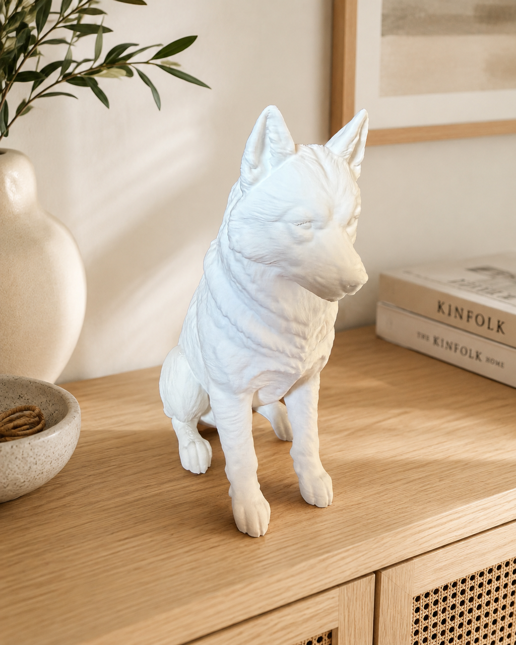 Hvid Husky hundefigur i nordisk interiør