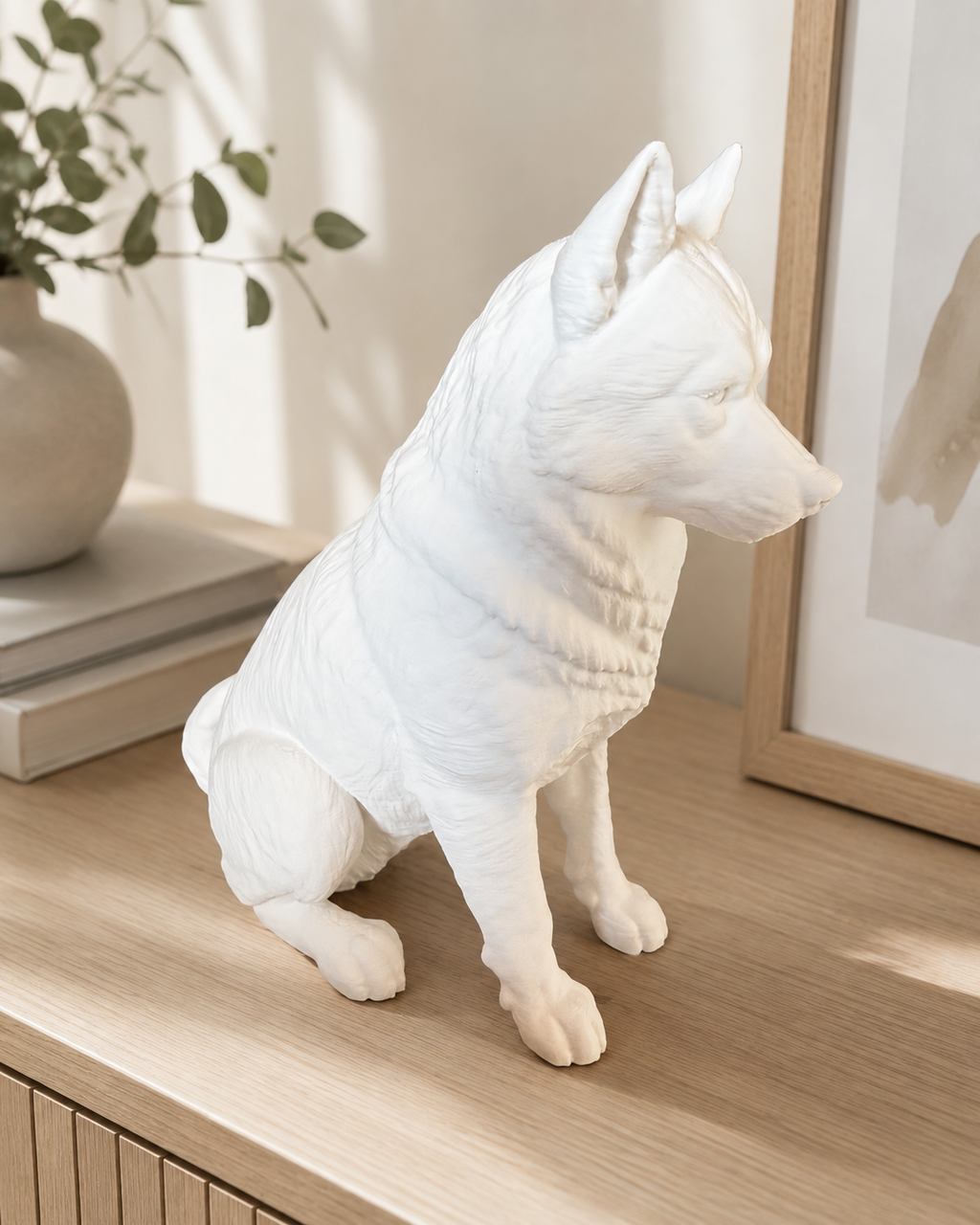 Hvid Husky hundefigur fra siden i nordisk interiør