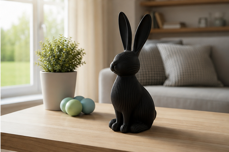 Ribbet kanin figur i mat sort i hjemmemiljø