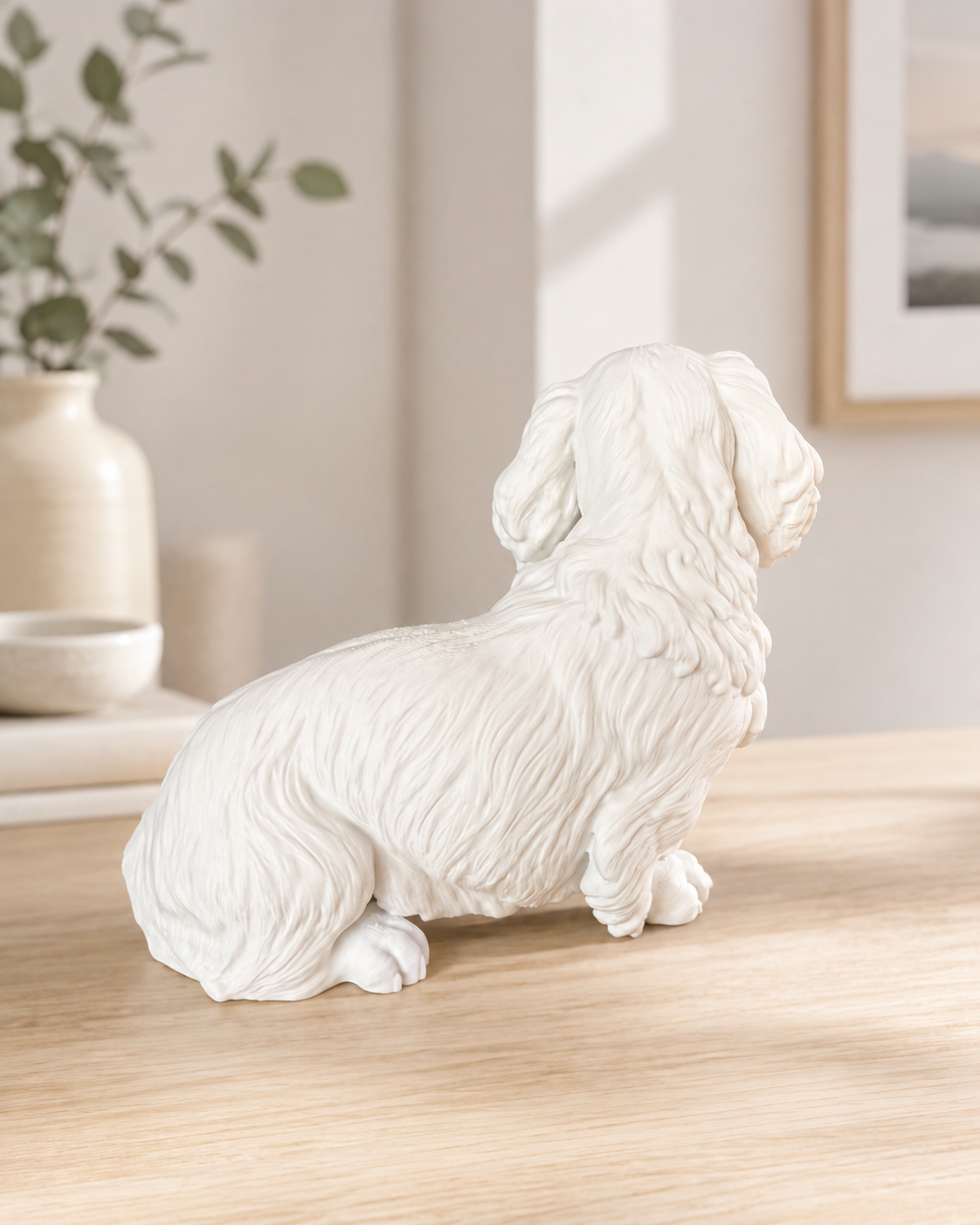 Hvid langhåret gravhund hundefigur bagfra - 10 cm