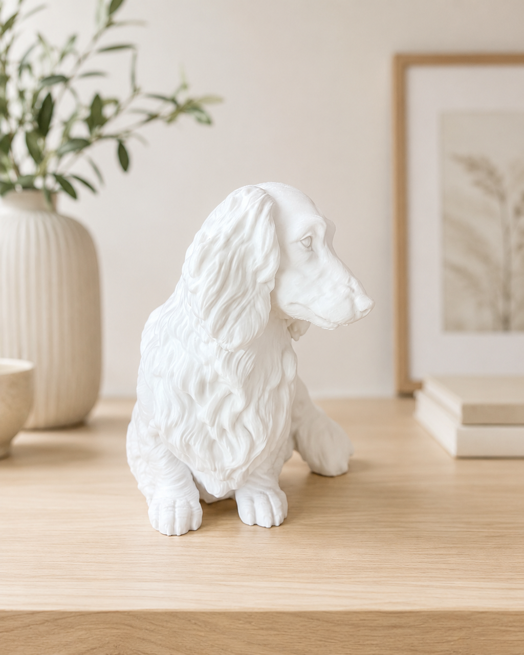 Hvid langhåret gravhund hundefigur fra siden - 10 cm