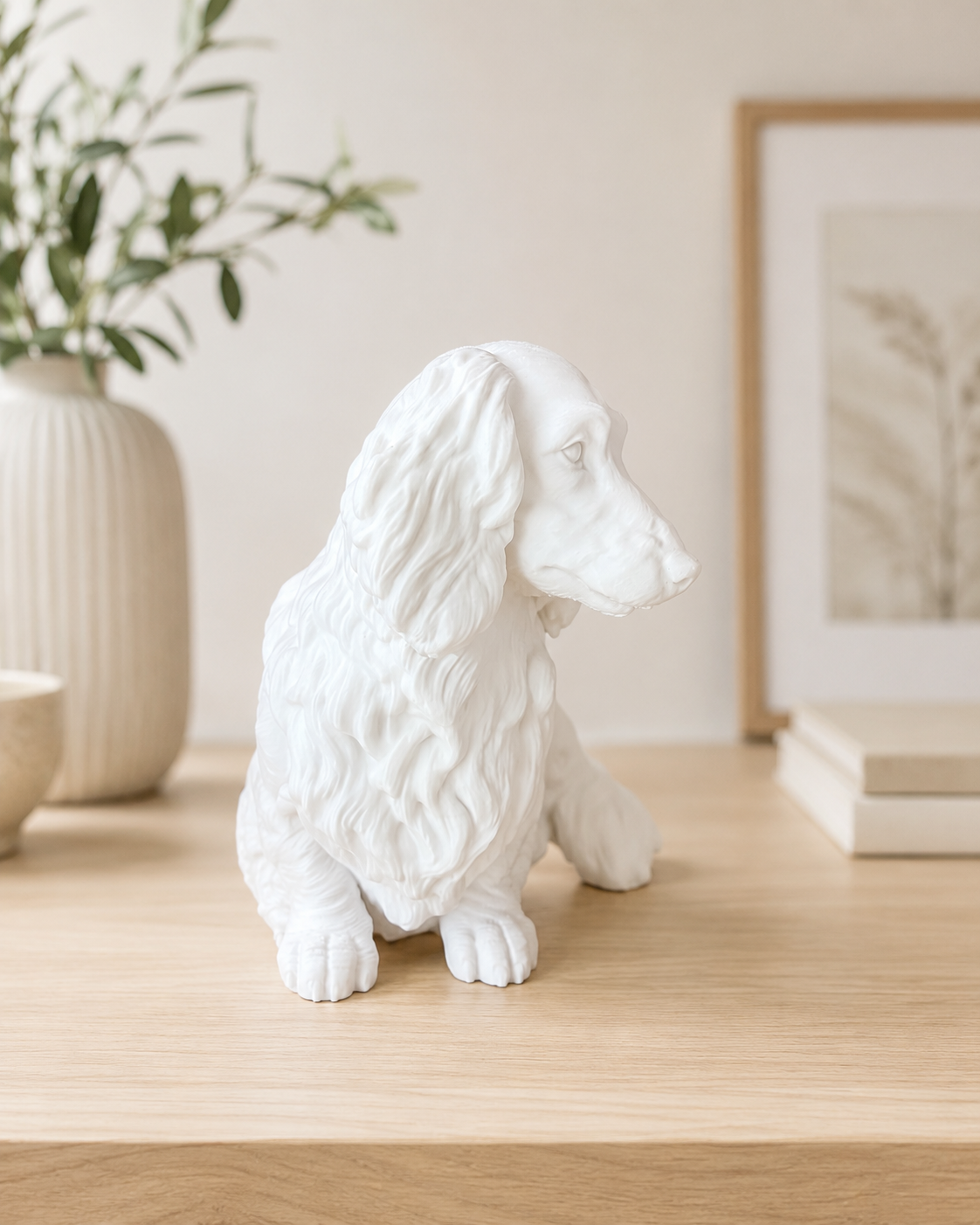 Hvid langhåret gravhund hundefigur fra siden - 10 cm