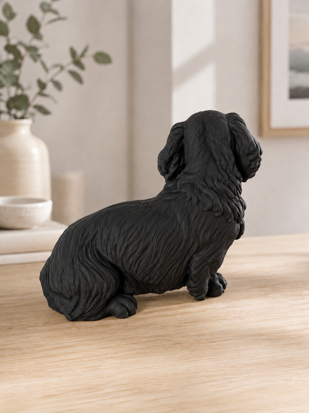 Mat sort langhåret gravhund hundefigur bagfra - 10 cm