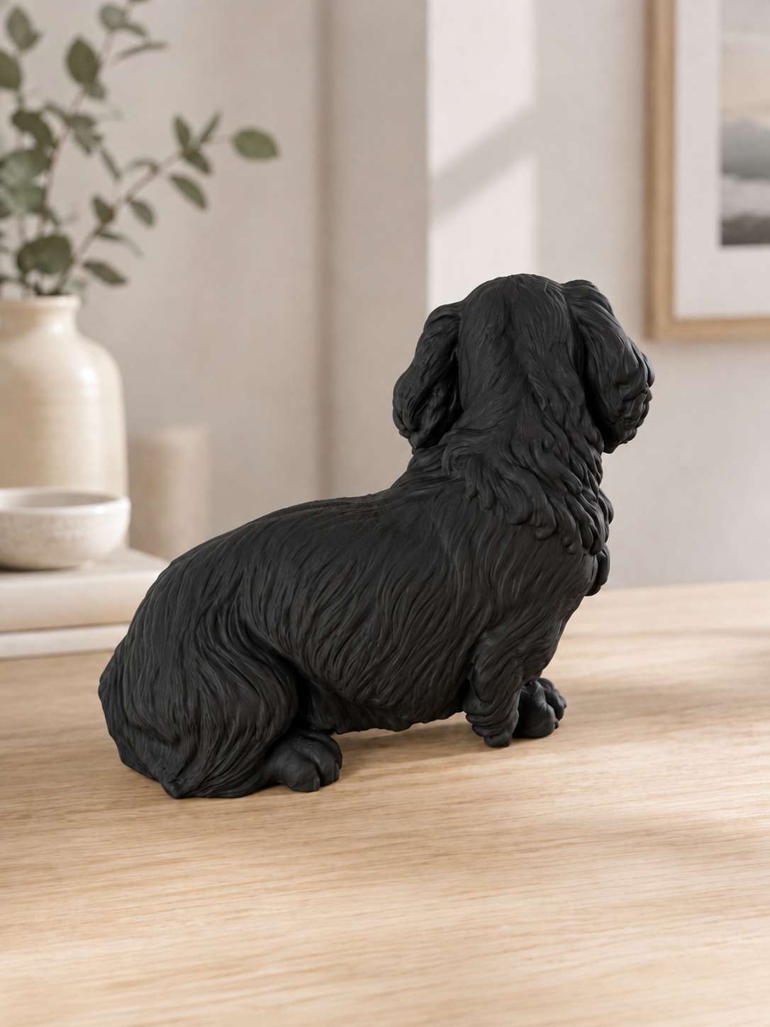Mat sort langhåret gravhund hundefigur bagfra - 10 cm