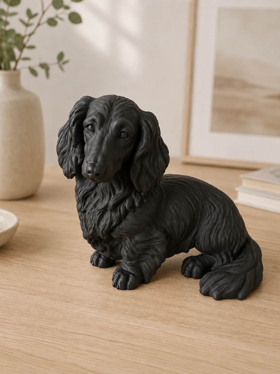 Mat sort langhåret gravhund hundefigur - 10 cm
