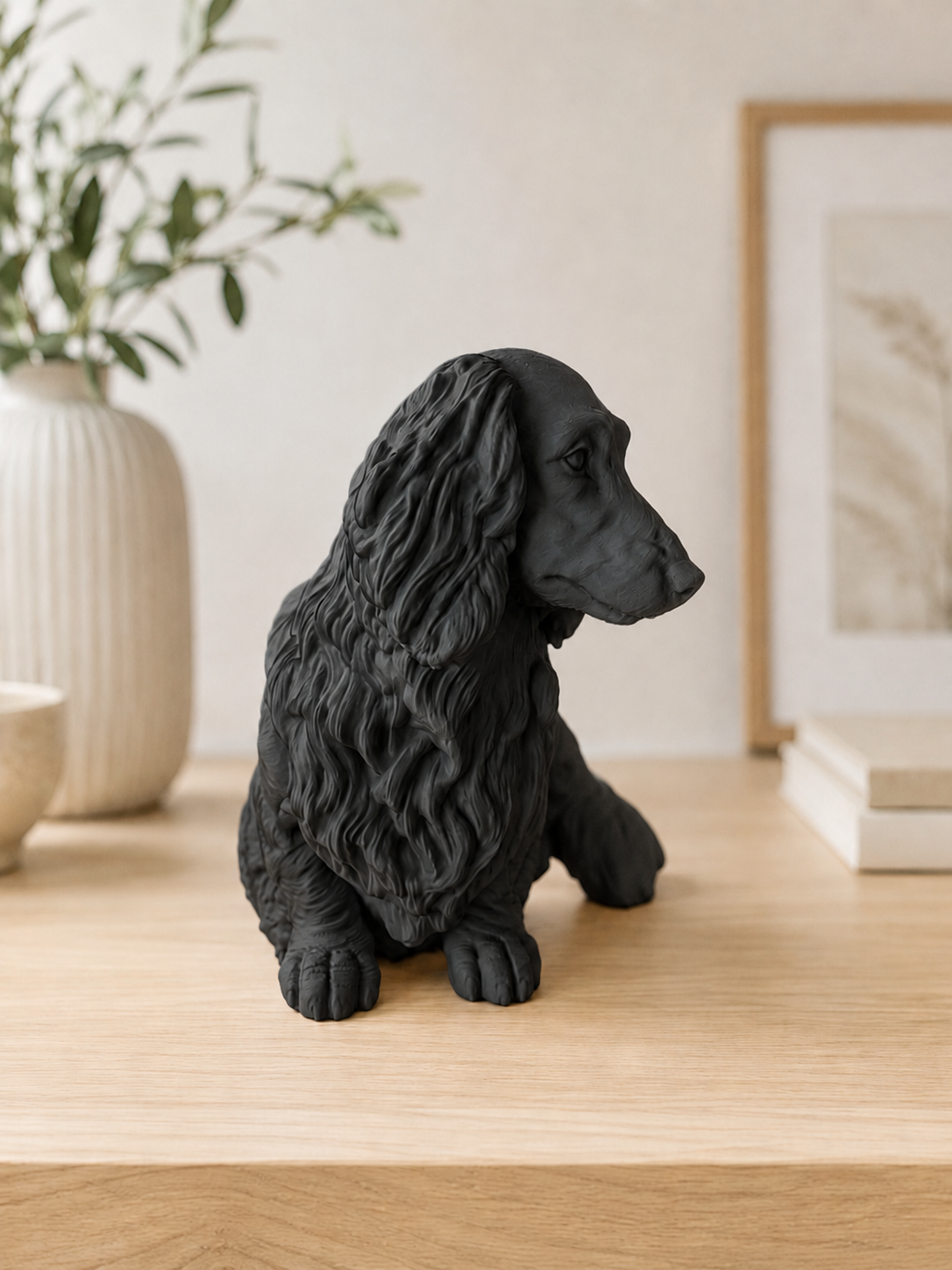 Mat sort langhåret gravhund hundefigur fra siden - 10 cm