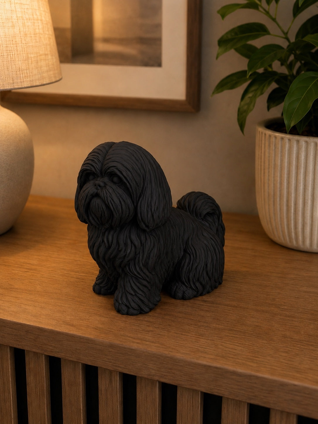 Malteser hundefigur i mat sort – 10 cm, hjemmemiljø