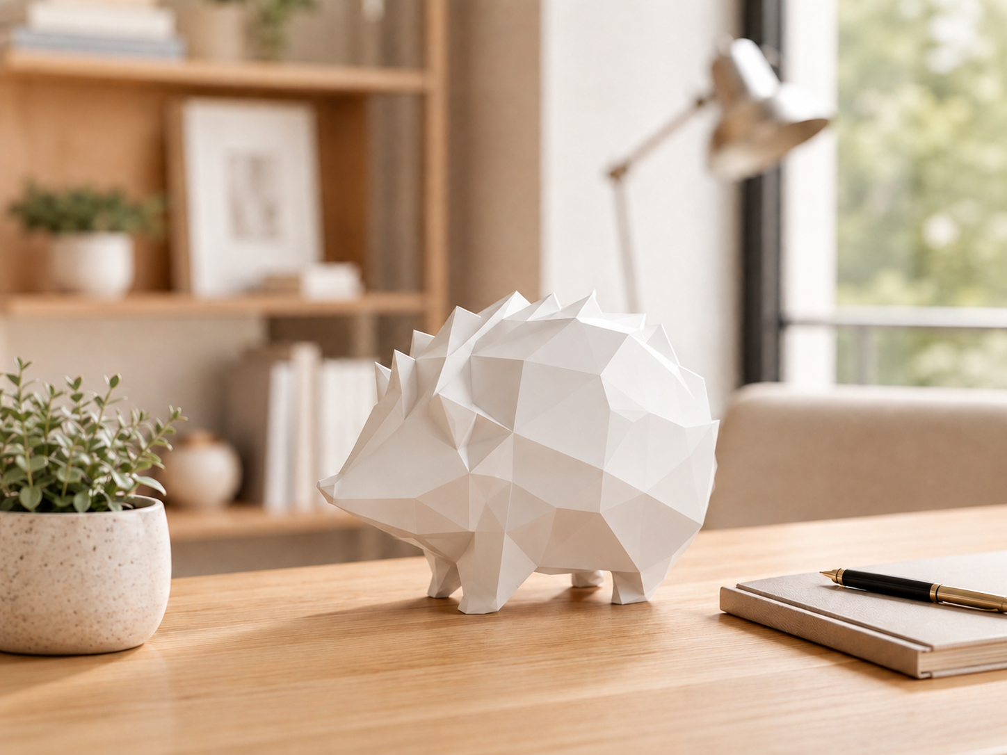 Mat hvid geometrisk pindsvinefigur på skrivebord