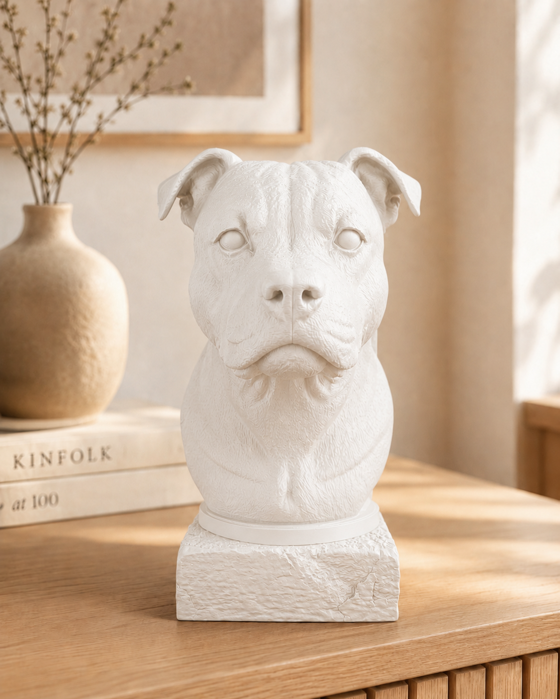 Staffordshire Bullterrier buste i mat hvid set forfra