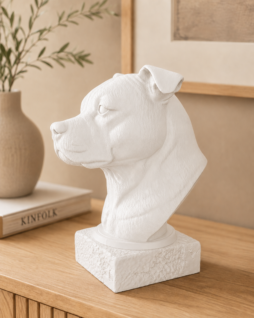 Staffordshire Bullterrier buste i mat hvid i profil