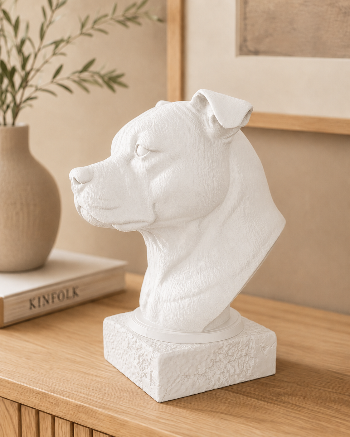 Staffordshire Bullterrier buste i mat hvid i profil