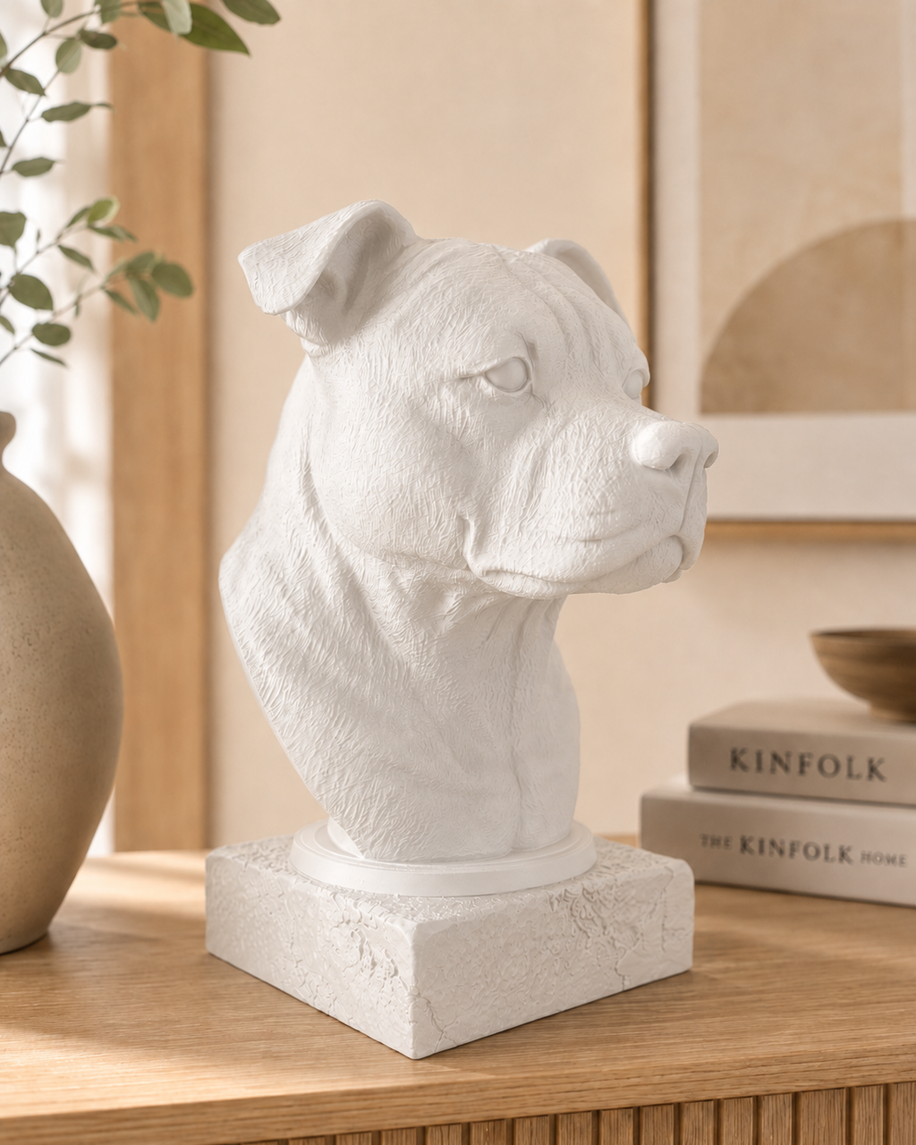 Staffordshire Bullterrier buste i mat hvid fra siden