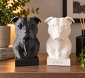 Staffordshire Bullterrier buste i mat sort og mat hvid med personlig navnegravering
