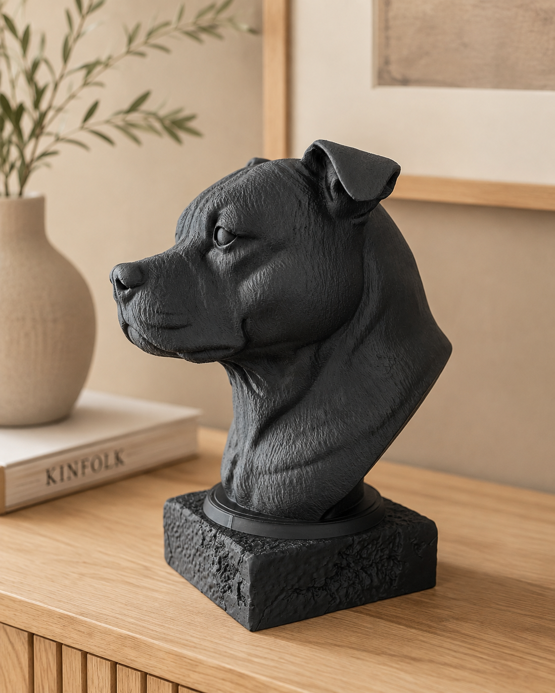 Staffordshire Bullterrier buste i mat sort i profil