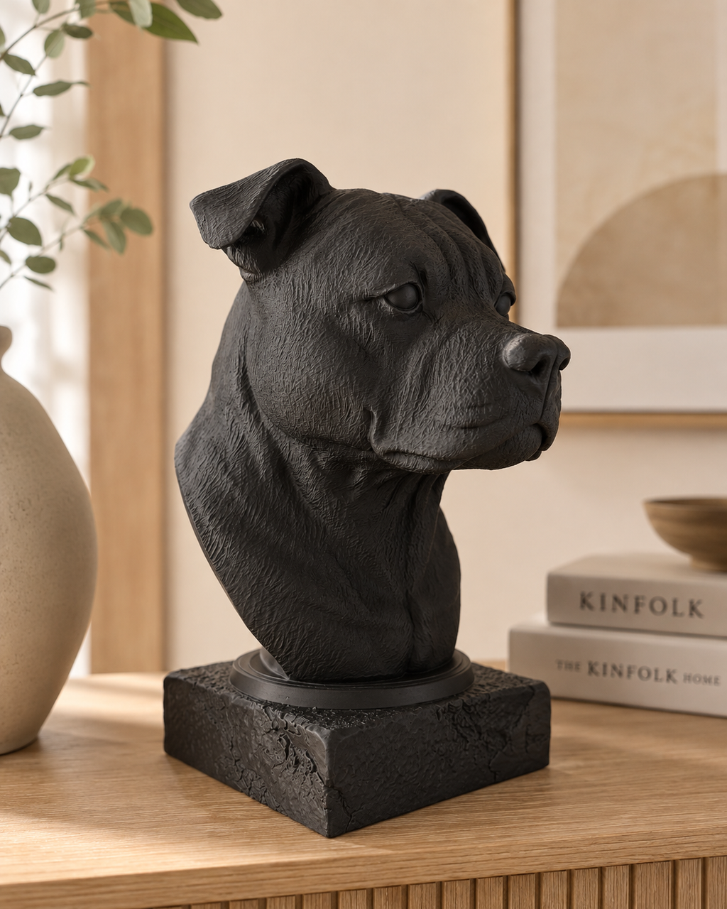Staffordshire Bullterrier buste i mat sort fra siden