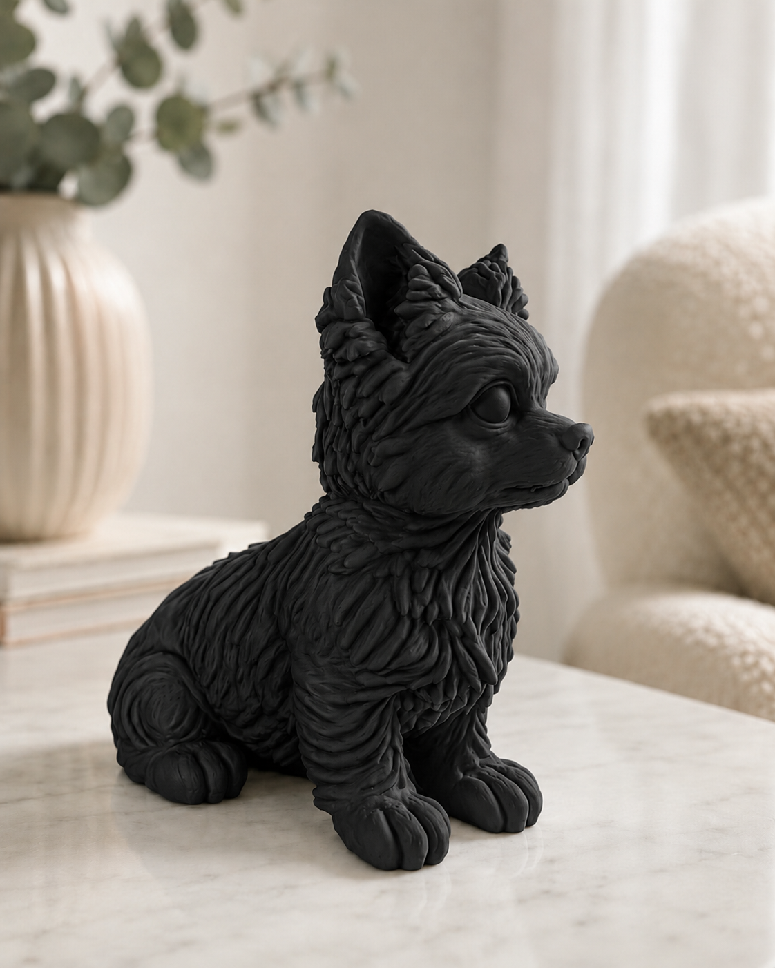 Mat sort Yorkshire hundefigur fra siden - 10 cm